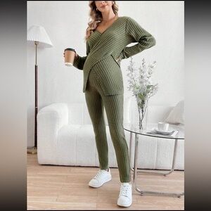 Olive Green Ribbed Knit Maternity Coords 2 Piece Set Long Sleeve Elastic Waist
